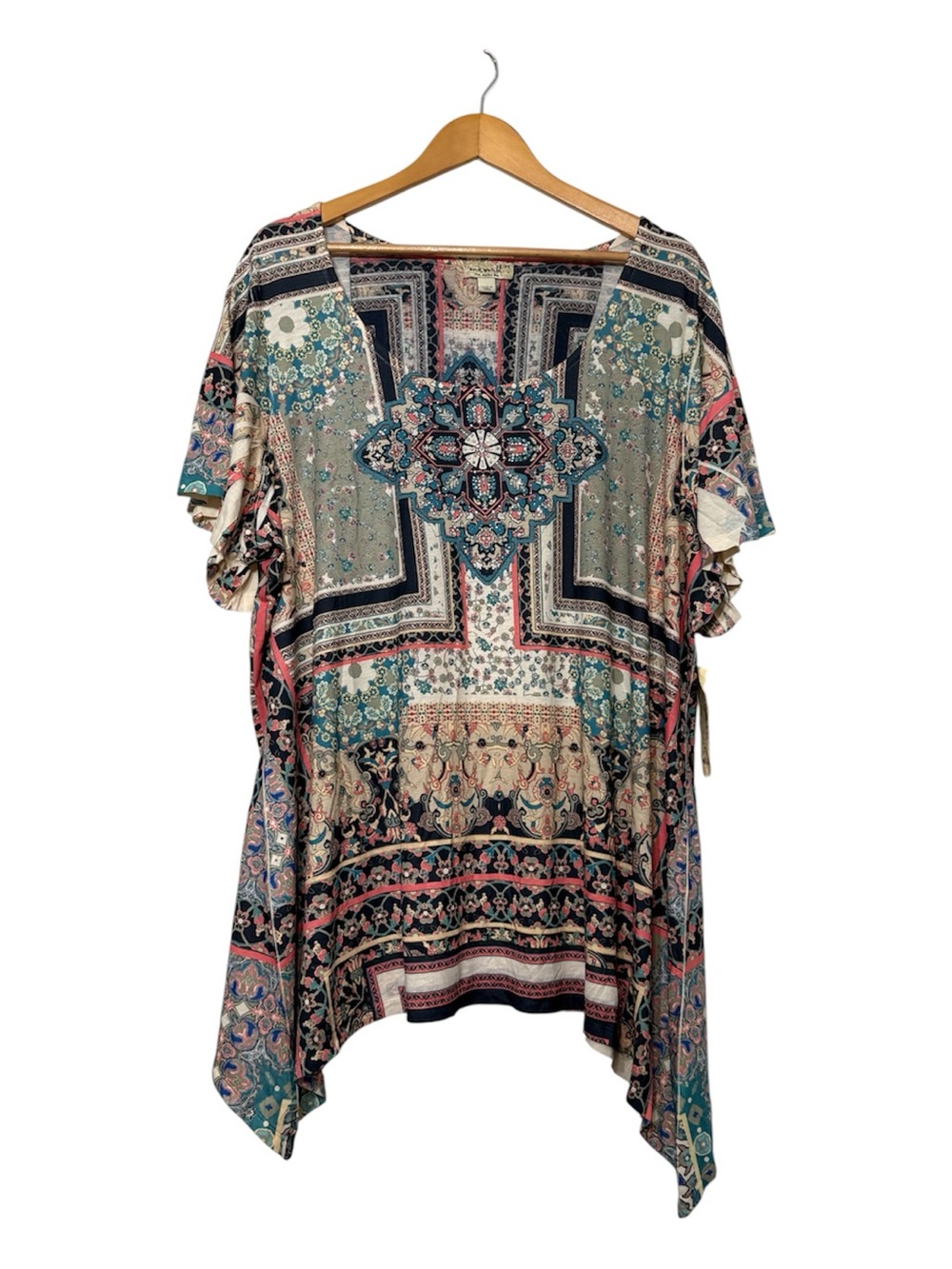 One World Asymmetrical Tunic Top Rhinestones Multicolor Boho Artsy NWT 3X